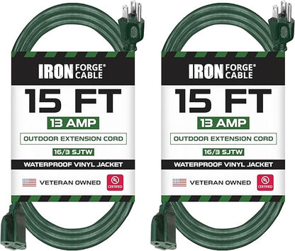 Pack of 2 Outdoor Extension Cords, 15 FT ea by IronForgeCable