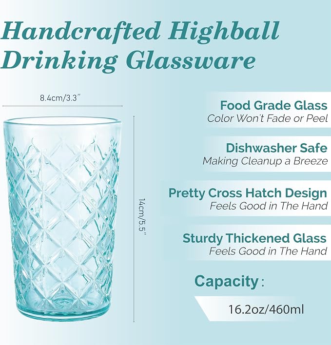 CREATIVELAND Drinking Highball Glasses Set of 4, Vintage Cross Hatch Glass Cups - Image 2