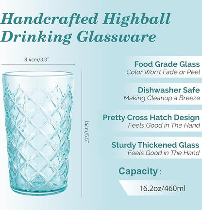 CREATIVELAND Drinking Highball Glasses Set of 4, Vintage Cross Hatch Glass Cups - Image 2