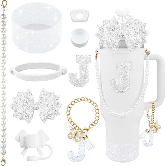 9PCS White for Stanley Cup Accessories Set Bling Initials Bow Charms for by Unknown