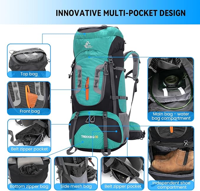 Bseash 80L Waterproof Hiking Camping Backpack - Image 3