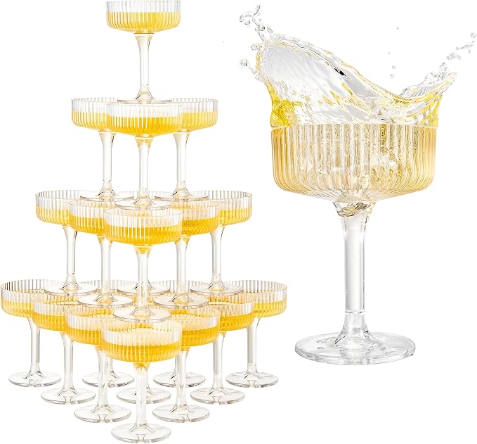 Premium ACRYLIC Champagne Tower Kit | 20 Stackable 7 oz Plastic Coupe Flutes | by Khen