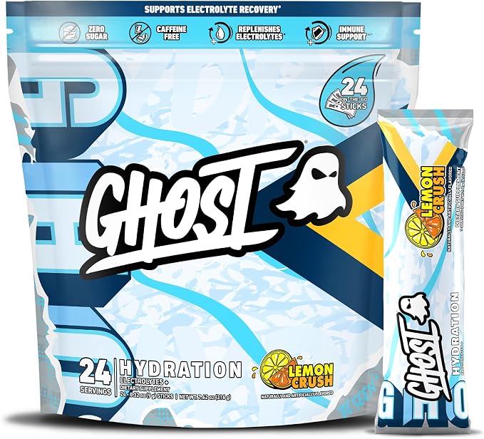 GHOST Hydration Packets, Lemon Crush, 24 Sticks, Electrolyte Powder by GHOST