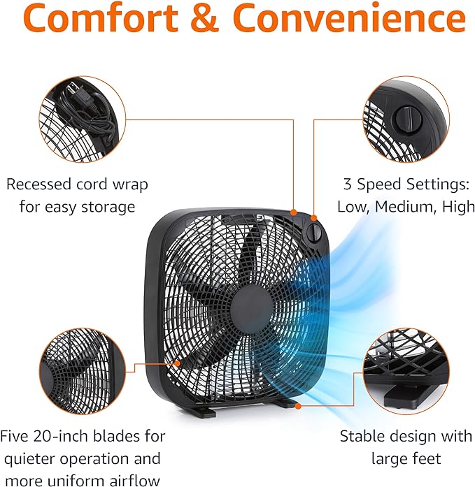 Amazon Basics 3-Speed Box Fan for Bedroom, Portable - Image 2