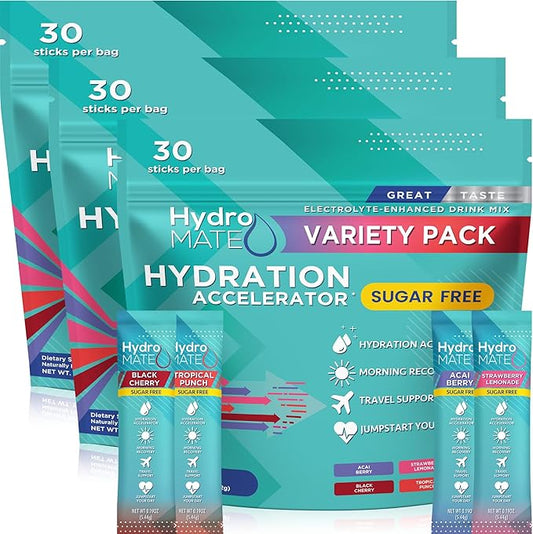 Electrolyte Powder Sugar-Free Hydration Packets Variety Pack HydroMATE 90 Sticks by HydroMATE