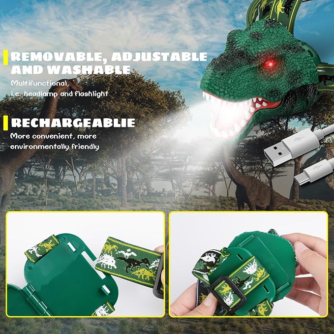 Dysaim Kids Headlamp, Rechargeable T-Rex Dinosaur Headlamp - Image 8