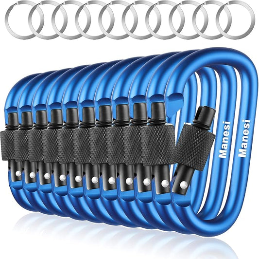 10 Pack Aluminum D Ring Key Rings Clips Locking Carabiner by Manesi