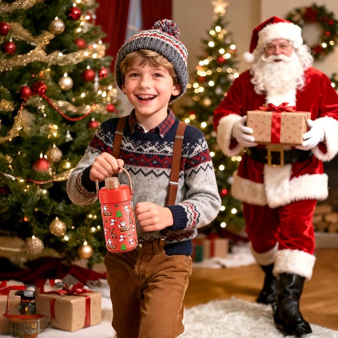 12 oz Kids Christmas Insulated Water Bottle: 2-in-1 Straw Spout Lid, Keep Cold - Image 3