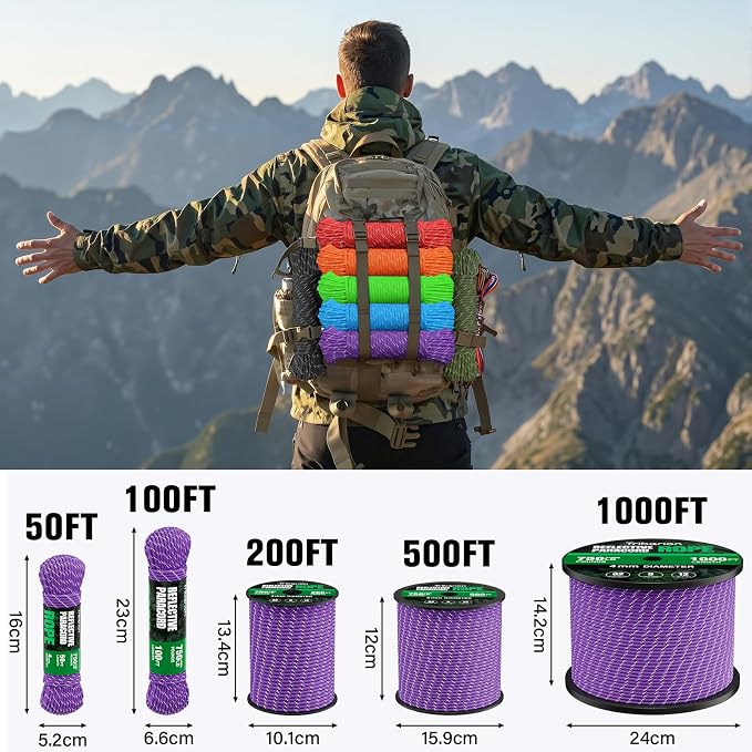Reflective Paracord Rope 750 lb - 100ft 5/32" Parachute Cord 4MM 12-Strand para - Image 5
