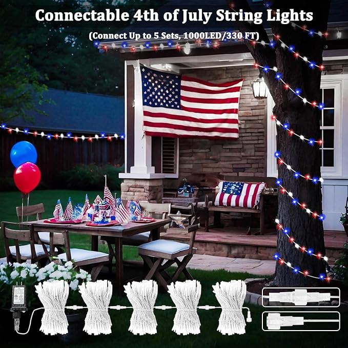 4th of July Red White and Blue Lights, Connectable 200 LED 66FT String Lights - Image 2