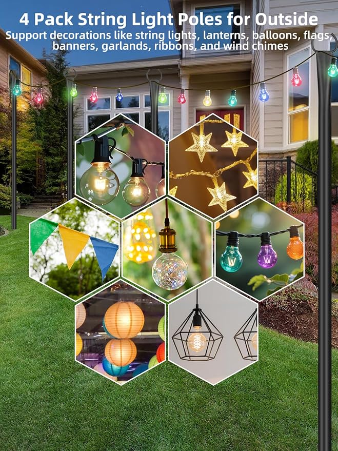String Light Poles for Outside 4 Pack, 10ft Metal Outdoor String Light Poles - Image 3