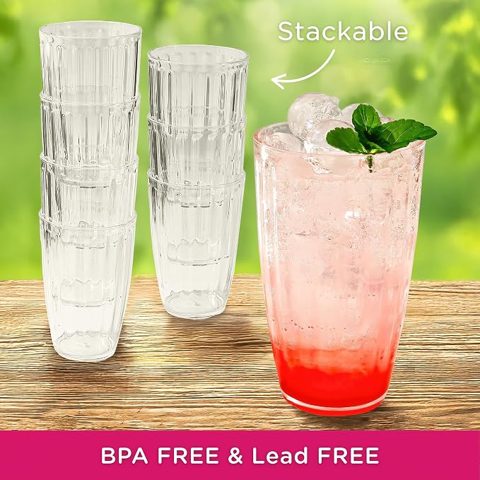 Kate Aspen Clear Ribbed Acrylic Glasses Drinkware Set of 8, 21 oz, Plastic - Image 3