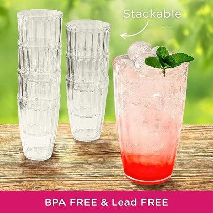 Kate Aspen Clear Ribbed Acrylic Glasses Drinkware Set of 8, 21 oz, Plastic - Image 3