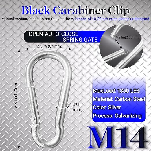5 Pack 5.5" Heavy Duty Carabiner Clips, M14 Sliver Galvanized Steel Spring Snap - Image 2