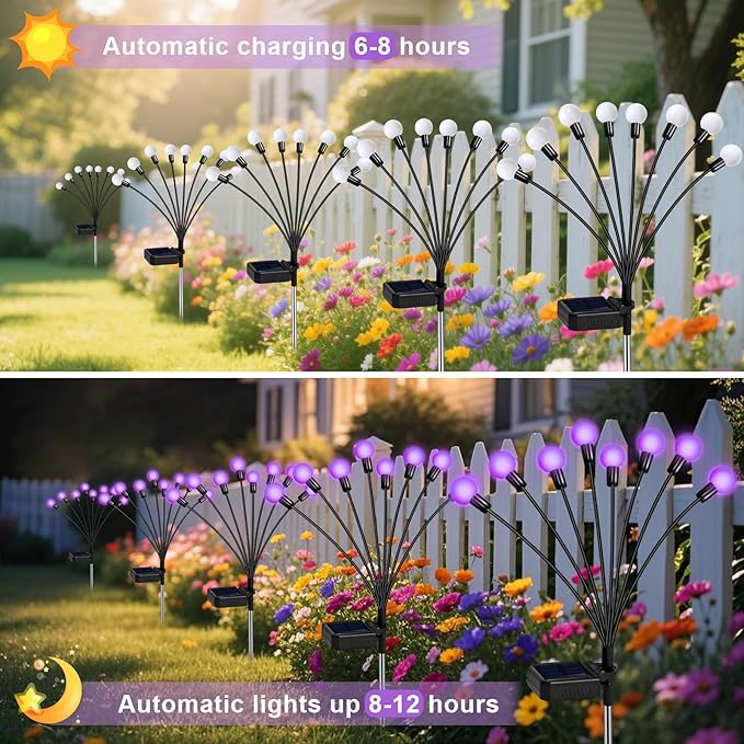 ZFNN Solar Garden Lights Outdoor, 4 Pack Firefly Swaying Lights Purple - Image 3