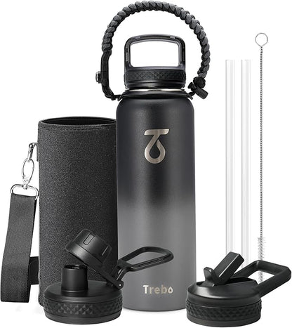Trebo 40oz Water Bottle with 3 Lid and handle, Vacuum Insulated Stainless Steel by StayHotStayColdStayGreen