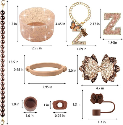 9PCS Brown for Stanley Cup Accessories Set Bling Initials Bow Charms for - Image 3