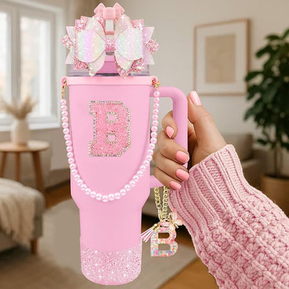9PCS Pink for Stanley Cup Accessories Set Bling Initials Bow Charms for Stanley - Image 2