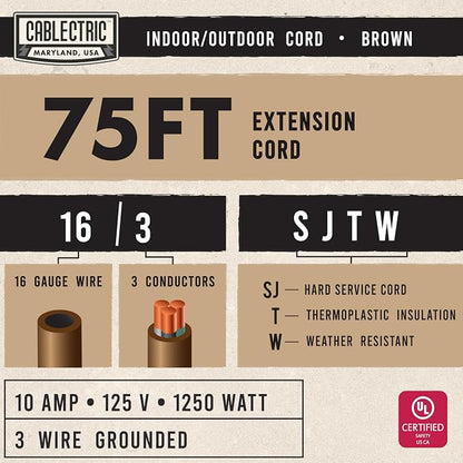 Brown Outdoor Extension Cord 75 ft, 16/3 Heavy Duty Cable - Image 2