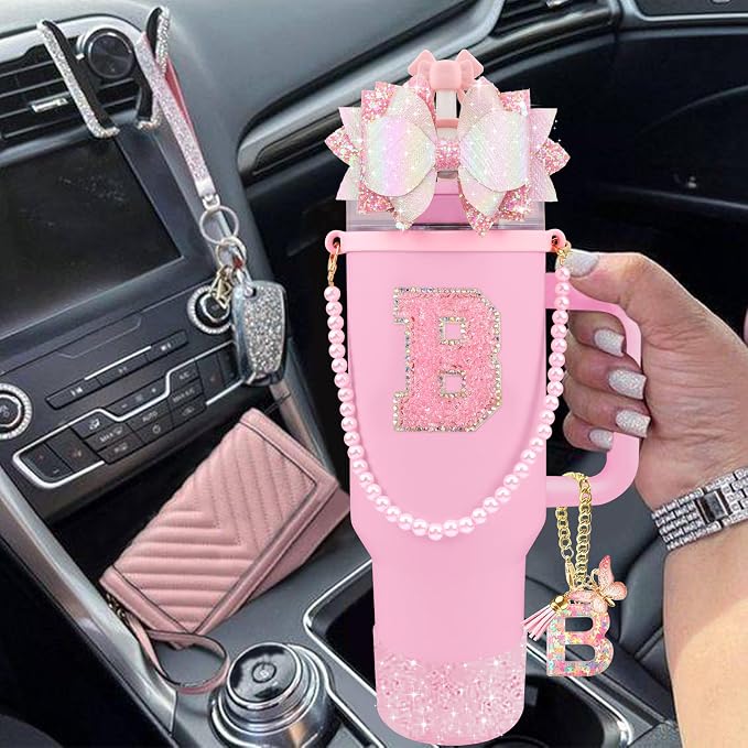 9PCS Pink for Stanley Cup Accessories Set Bling Initials Bow Charms for Stanley - Image 6