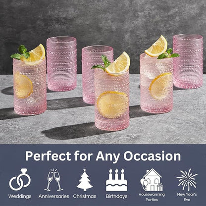 Khen Hobnail Beaded Highball Drinking Tumbler Glasses | Set of 6 | Pastel Pink - Image 2