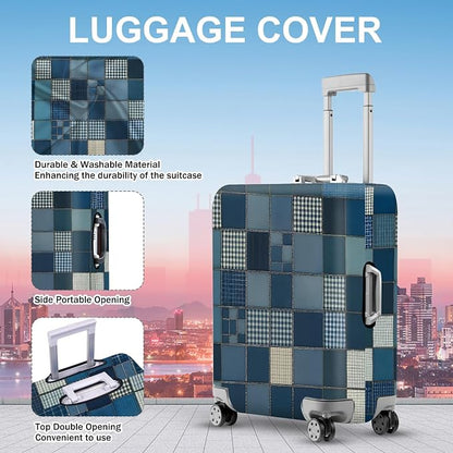 ANNA QUEEN Blue Patchwork Luggage Cover, Modern Grid Suitcase Protector - Image 2