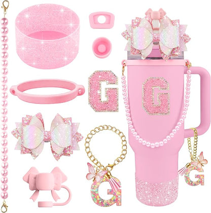 9PCS Pink for Stanley Cup Accessories Set Bling Initials Bow Charms for Stanley by Unknown