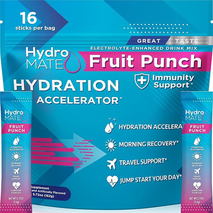 HydroMATE Electrolyte Powder Fruit Punch Hydration Packets Low Sugar 16 Count by HydroMATE
