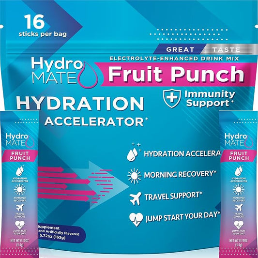 HydroMATE Electrolyte Powder Fruit Punch Hydration Packets Low Sugar 16 Count by HydroMATE