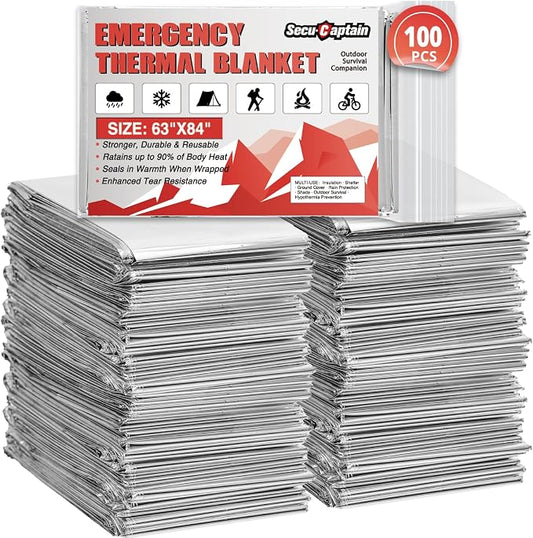 SecuCaptain Survival Emergency Thermal Blankets: 100 Pack Extra Large 84” x63” by SecuCaptain