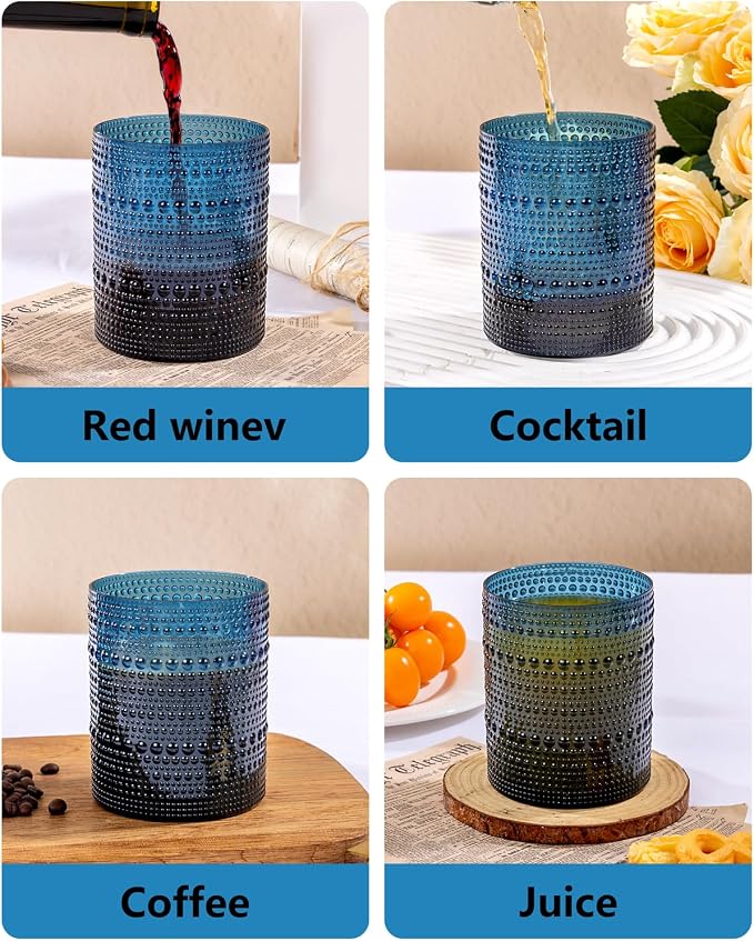 YOUBET 24PCS Plastic Drinking Glasses - 14OZ Blue Hobnail Drinkware Glasses - - Image 3