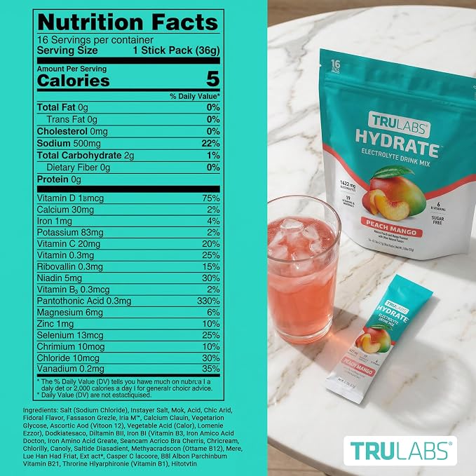 TRULABS Hydrate Electrolyte Drink Mix – Peach Mango Flavor, Sugar-Free - Image 7