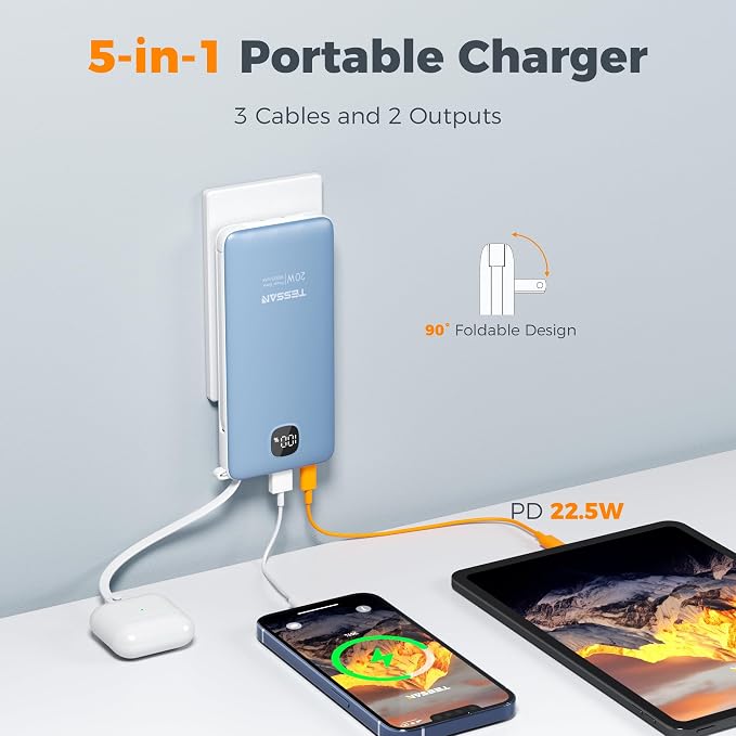 TESSAN Portable Charger with Built in Cables, 10000mAh Power Bank Fast Charging - Image 2