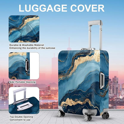 ANNA QUEEN Blue Marble Luggage Cover, Modern Gold Vein Abstract Design Suitcase - Image 3
