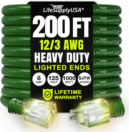 200ft Outdoor/Indoor Extension Cord 12/3 Gauge Extra Heavy Duty 3 Prong SJTW by LifeSupplyUSA