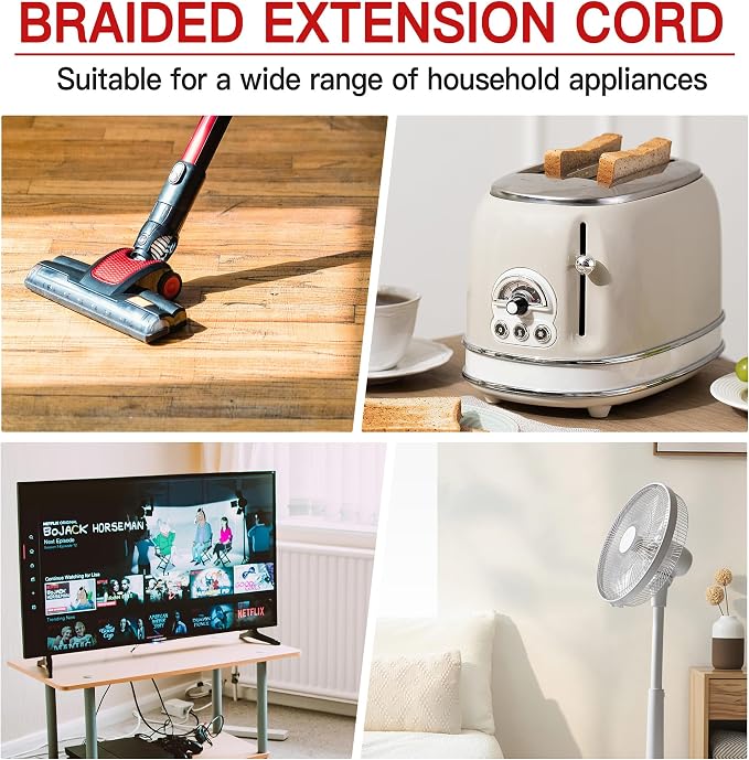 16/3 Flat Plug Braided Extension Cord 15 FT, Indoor 3 Prong Grounded Low - Image 7