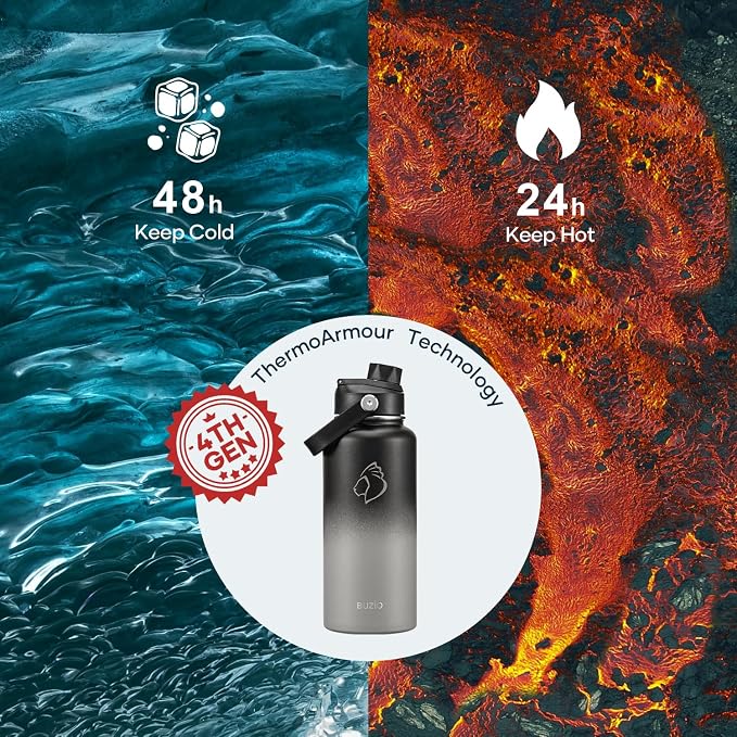 BUZIO 32 oz Water Bottle Insulated, Leakproof Stainless Steel Flask, Wide Mouth - Image 2
