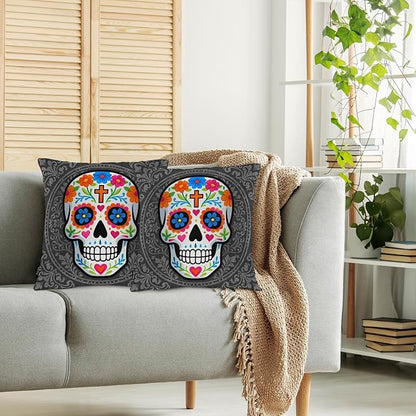 Swono Sugar Skull Set of 2 Square 18x18 Inch Throw Pillow Cover Mexican Day of - Image 2
