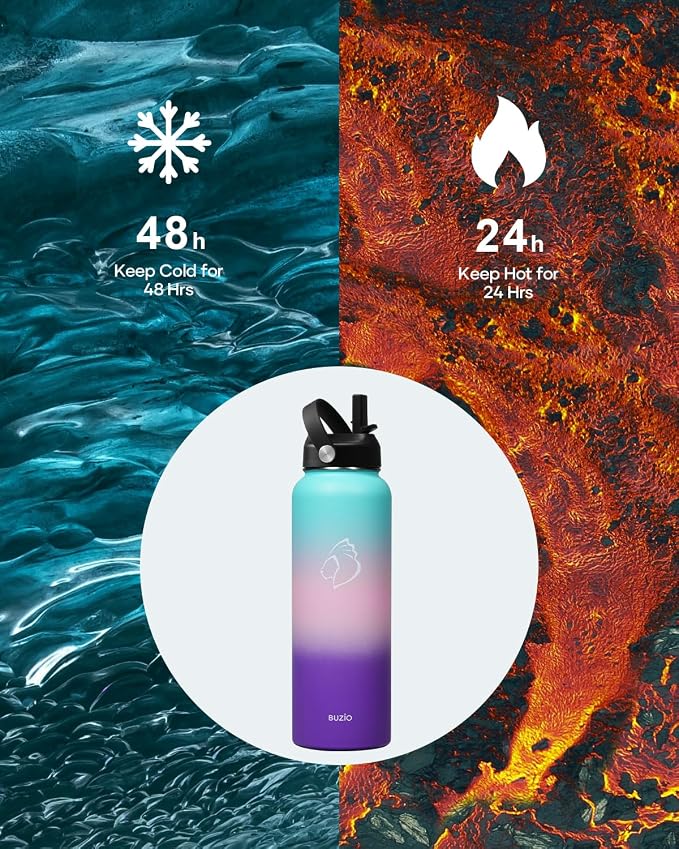 BUZIO 40oz Insulated Water Bottle, Stainless Steel Double Wall Water Flask Leak - Image 2