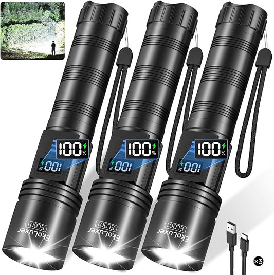 3Pack Rechargeable Flashlights 10000 High Lumens, Super Bright Flashlight by Tughlax