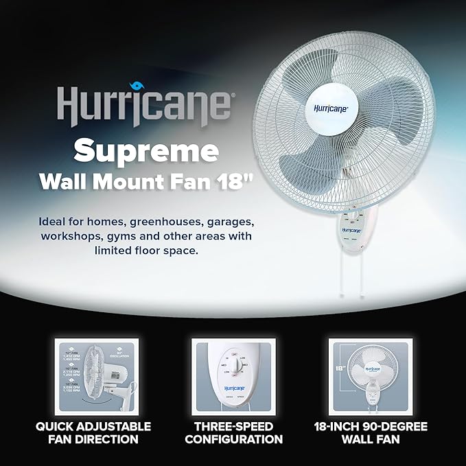 Hurricane 18" Supreme 90-Degree Oscillating Wall Mounted Fan - Image 2