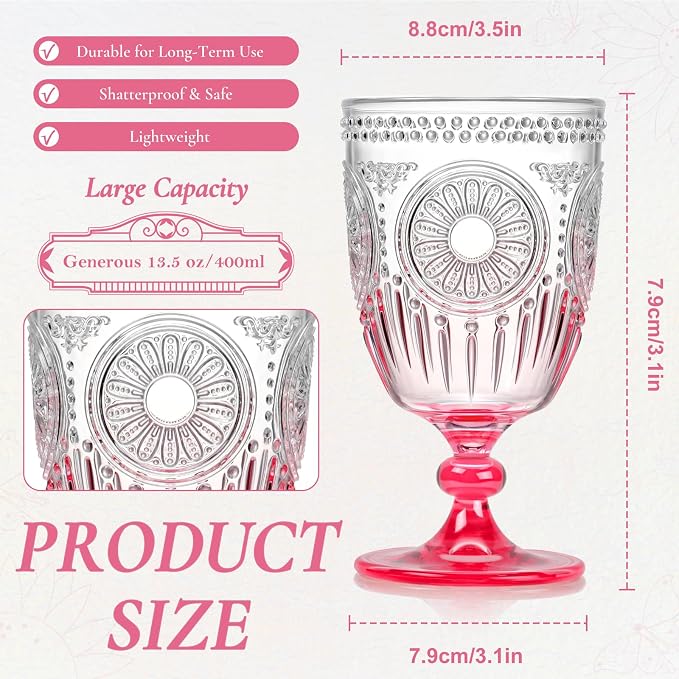 XUWAIDSGN 24Pcs Plastic Vintage Wine Glasses 13.5oz Reusable Embossed Goblet - Image 4