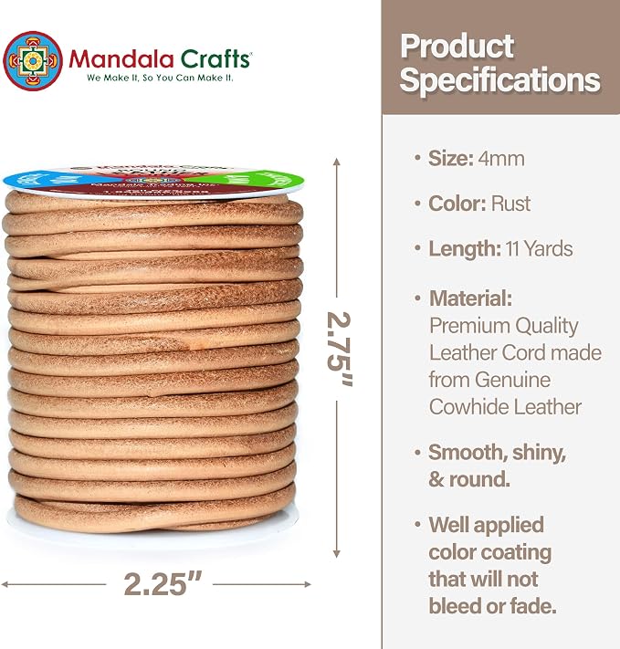 Mandala Crafts Round Cowhide Genuine Rust Leather Cord - Image 4