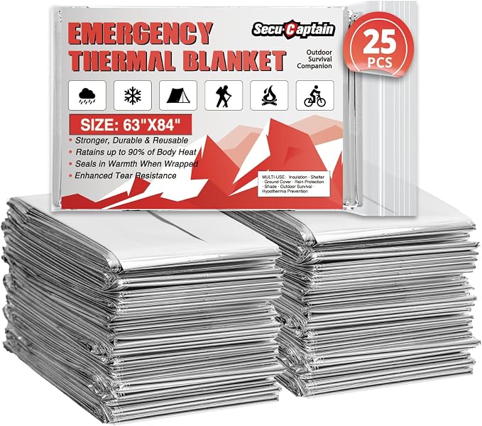 SecuCaptain Survival Emergency Thermal Blankets: 25 Pack Extra Large 84” x63” by SecuCaptain
