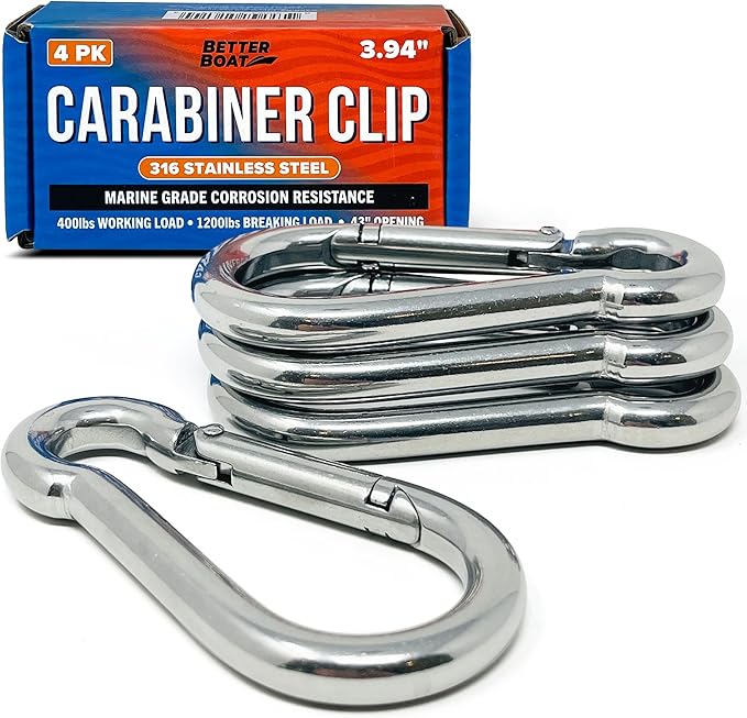 Stainless Steel Carabiner Clip, 4 Pack, 316 Marine Grade, Heavy Duty Spring by BetterBoat