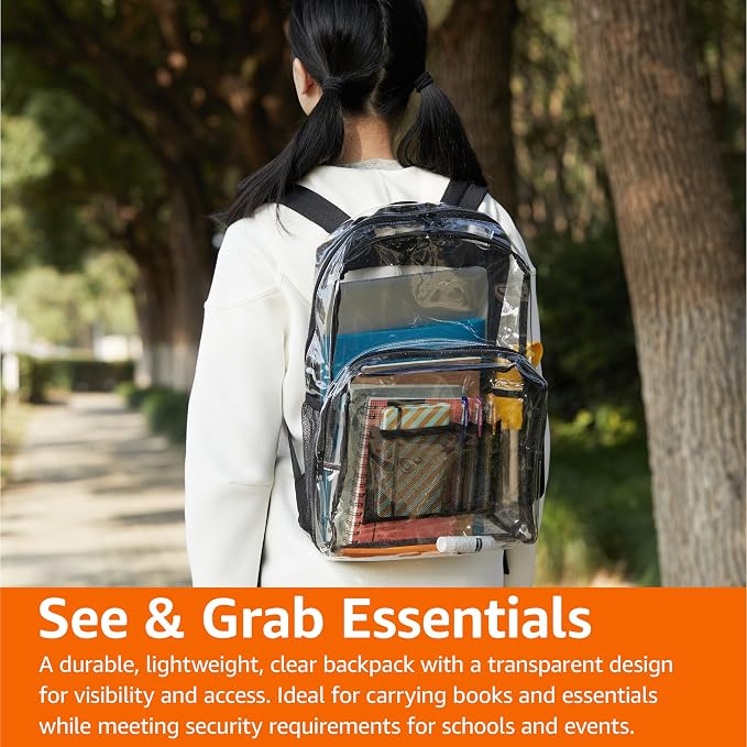 Amazon Basics Transparent Clear School Backpack, Water-Resistant PVC Plastic - Image 6