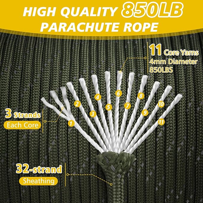 Paracord Reflective Rope 850Ib, 50/100/200/500/1000ft 4MM 11 Strand Parachute - Image 2