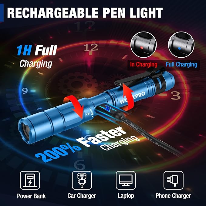 WORKPRO Rechargeable Pen Light, Mini Flashlight, 2 Pack Ultra-Compact EDC - Image 3