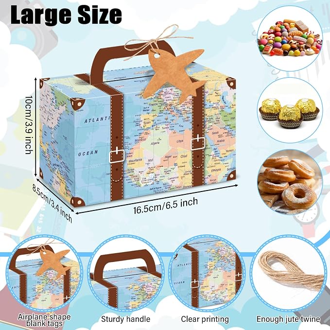 24Pcs Large Suitcase Party Favor Boxes Travel The Map Paper Treat Box - Image 3