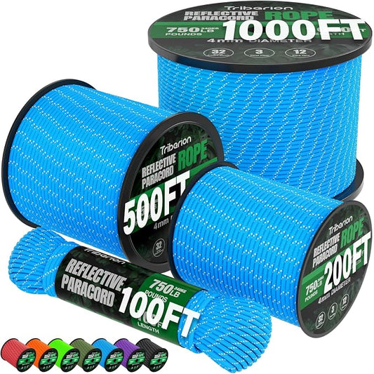 Reflective Paracord Rope 750 lb - 500ft 5/32" Parachute Cord 4MM 12-Strand para by Triberion